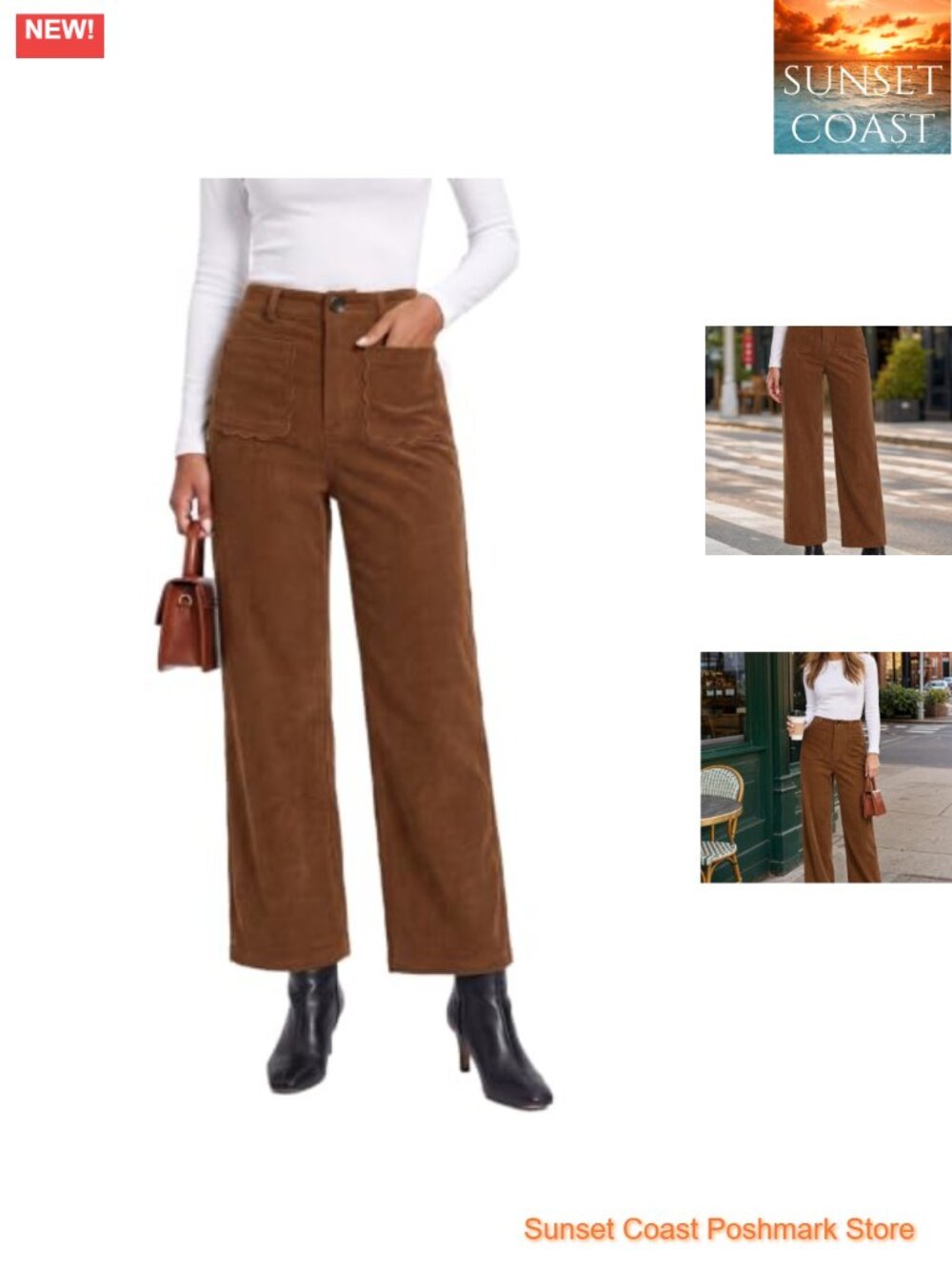 Corduroy Pants High Waist Straight Leg Scallop Trim Pockets